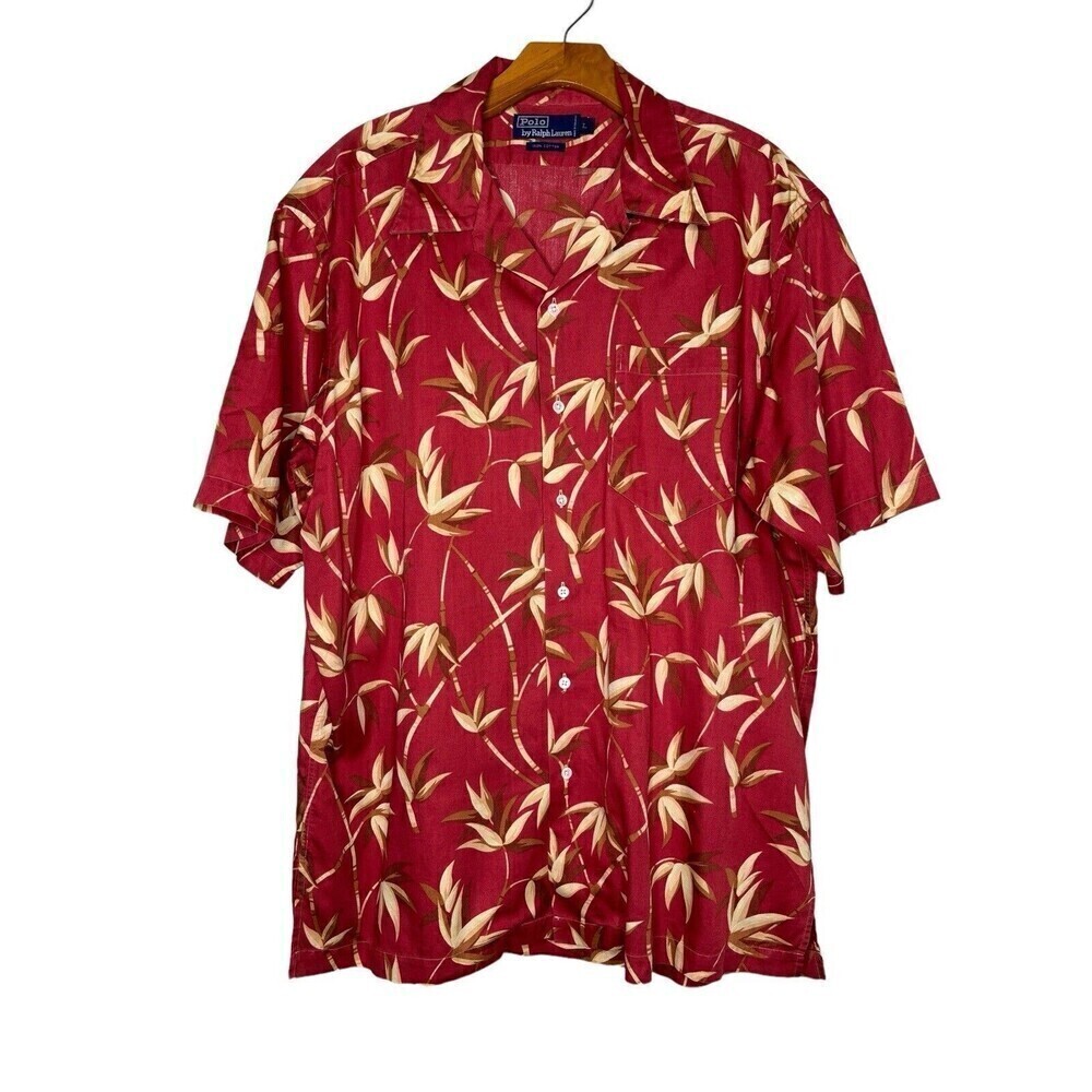 Vtg Ralph Lauren Polo Shirt Men's Bamboo Allover Red Short Sleeve Cotton Sz L